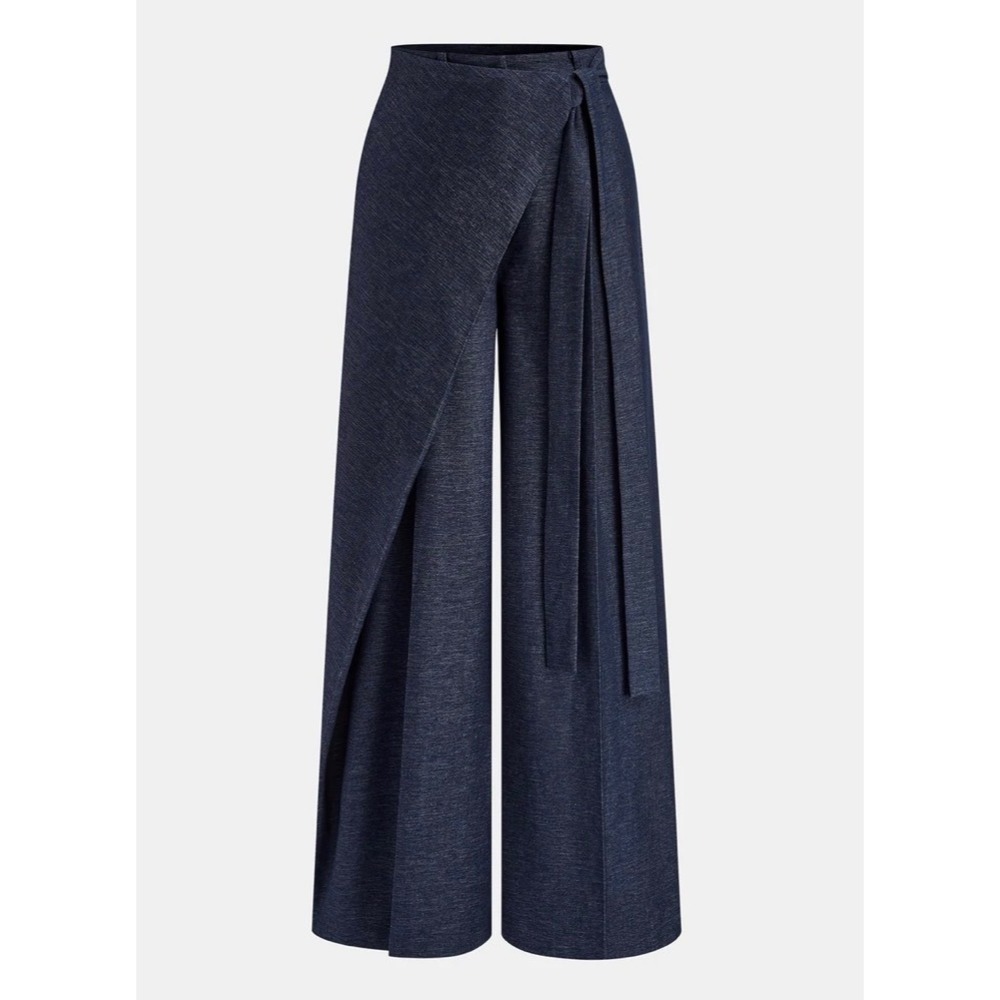 Commense Navy Wrap Front Wide Leg Trousers Large NWT Quiet Luxury Sophisticated